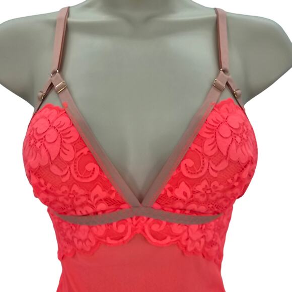 Free People We Are HAH Bust Out Bodysuit in Fried Salmon Lace Mesh Hook Back NEW - Picture 2 of 8